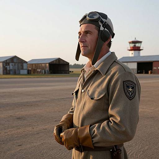 Photograph of a middle-aged man in vintage pilot attire with goggles, brown gloves, and tan jacket, standing on a sunlit airstrip with hang
