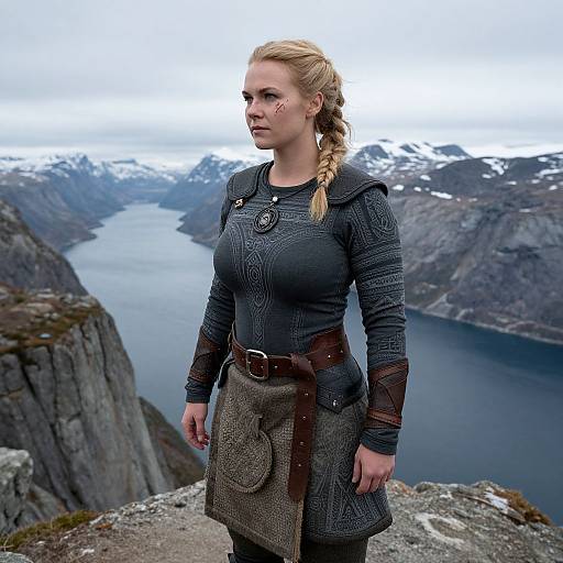 Photograph of a blonde woman with braided hair in medieval-style black and brown attire standing on a rocky mountain ledge overlooking a snowy, fjord-filled