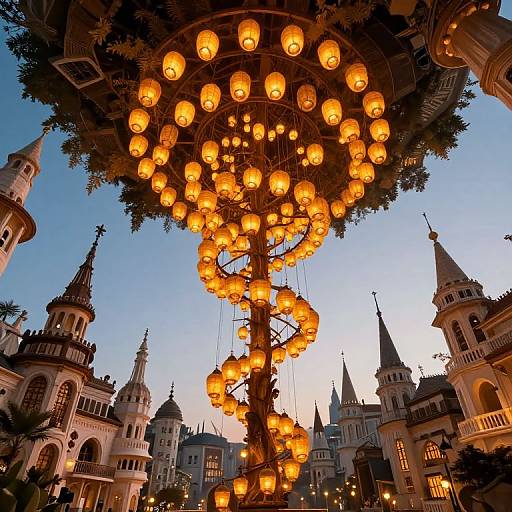 Photograph of a vibrant, ornate lantern tree with glowing orange paper lanterns, set against a twilight sky and surrounded by whimsical, fairy-t