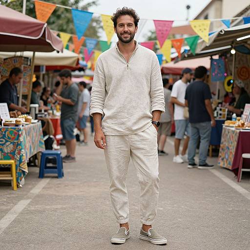 Photograph of a smiling, bearded man in white kurta-pajama and grey sneakers, walking through a vibrant outdoor market with colorful flags and