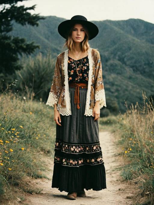 Woman in Vintage Floral Kimono and Maxi Skirt