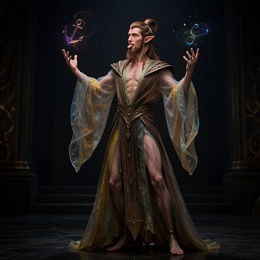 Digital artwork of a muscular, pointy-eared wizard with long brown hair, beard, and translucent yellow sleeves, casting colorful magical spells. Dark,
