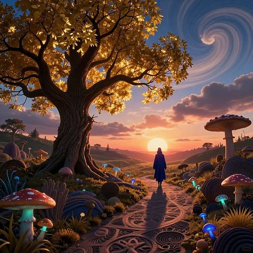 Digital fantasy artwork of a silhouette figure walking a glowing path through a magical forest at sunset, surrounded by glowing mushrooms and a large, illuminated tree. Wh