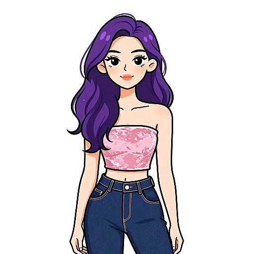 Stylish woman with purple hair in pink velvet tube top and denim jeans
