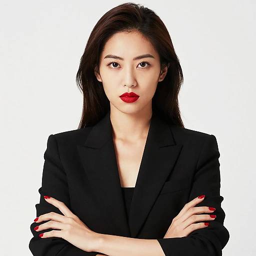 Photograph of an Asian woman with long black hair, red lipstick, black blazer, and red nails, arms crossed, white background.