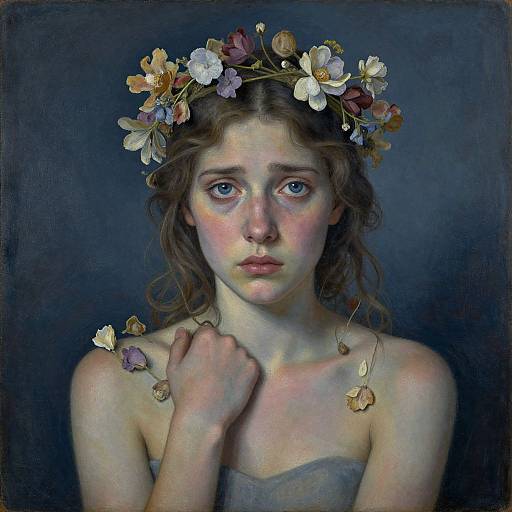 Digital painting of a young, fair-skinned girl with blue eyes, wearing a floral crown and strapless dress, against a dark blue background, with