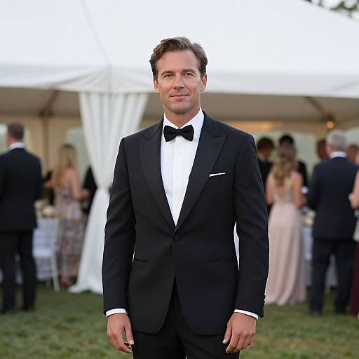 Photograph of a handsome man in a black tuxedo with a black bow tie, standing in front of a white tent at an outdoor event with