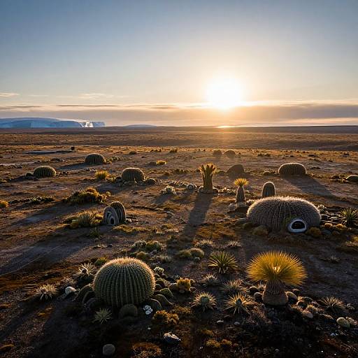 Photograph of a desert landscape at sunset, featuring numerous round cacti and spiky succulents under a glowing, golden sky.