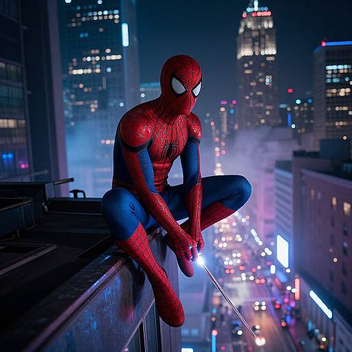 Photorealistic digital art of Spider-Man in red and blue suit, sitting on rooftop, overlooking neon-lit, foggy cityscape at night.