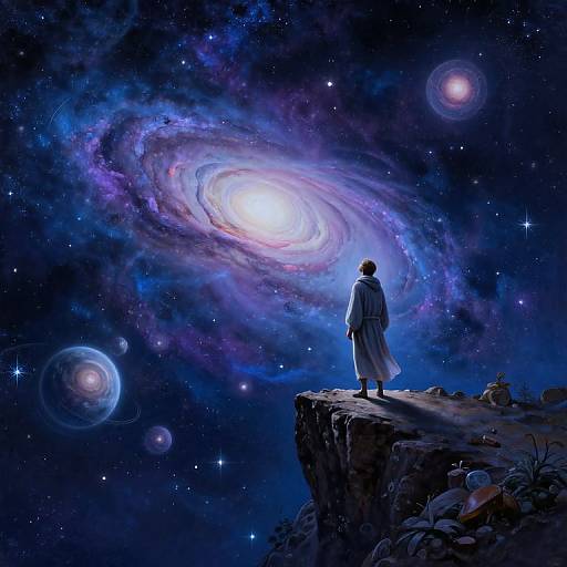 Digital art: A person in a long robe stands on a rocky cliff, gazing at a glowing, spiral galaxy in a star-filled, cosmic night