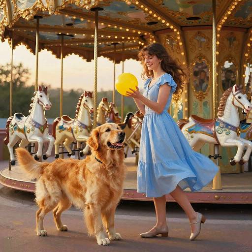 Photograph of a curly-haired woman in a flowing blue dress holding a yellow frisbee, standing beside a golden retriever on a vintage, orn
