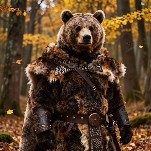 Photograph of a bear wearing medieval fur armor with intricate leather straps, standing in an autumn forest with yellow leaves.