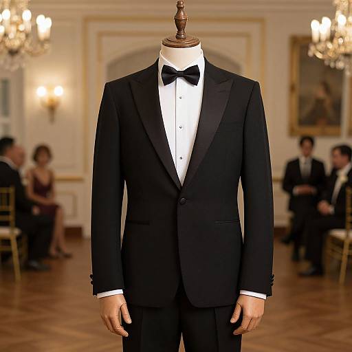 Photograph of a black tuxedo with white dress shirt and black bow tie, displayed on a mannequin in an elegant, dimly lit