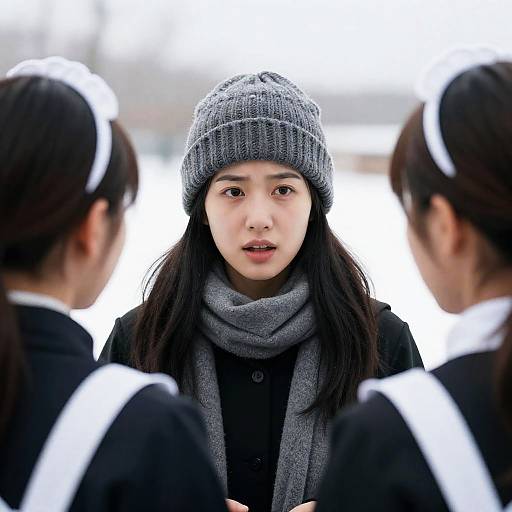 Woman in Knit Beanie Talking to Maids Outdoors