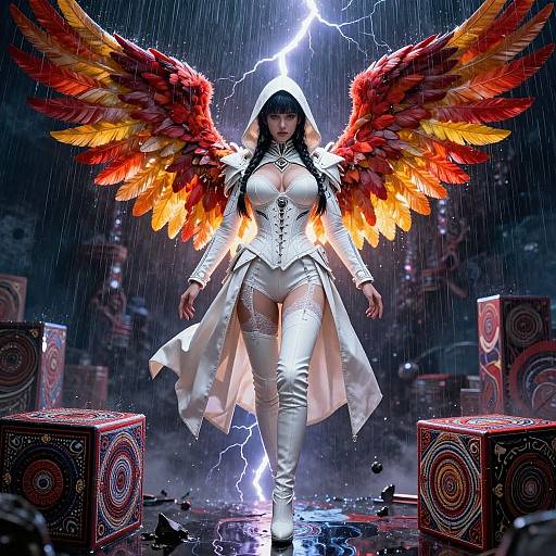 Digital artwork of a winged angel with red and orange feathers, white hooded outfit, and tight bodysuit, standing in a stormy,