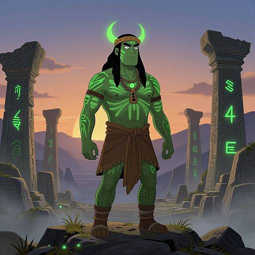 Digitally-drawn green-skinned, muscular warrior with glowing horns, tribal tattoos, and brown loincloth, standing in ancient ruins at sunset.