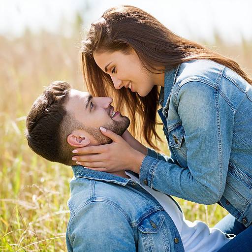 Photograph of a smiling couple in denim jackets, woman leaning close, eyes locked, sunlit grassy field background. Warm, intimate moment.