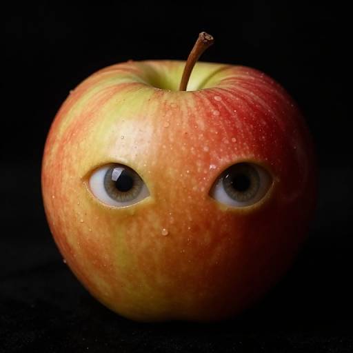 Photograph of a red-orange apple with two large, round, reflective eyes against a black background, giving a playful, anthropomorphic expression.