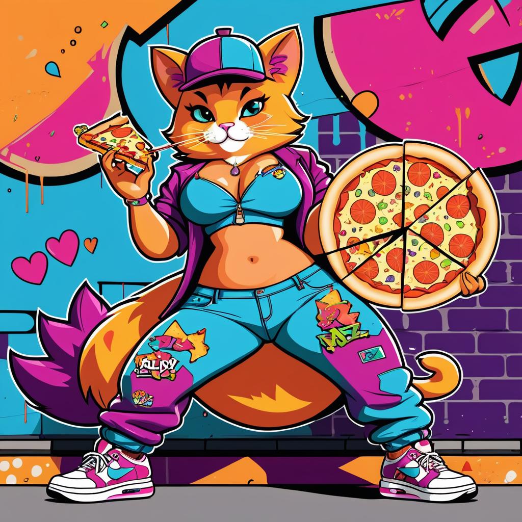 Sassy Hip-Hop Cat Enjoying Pizza