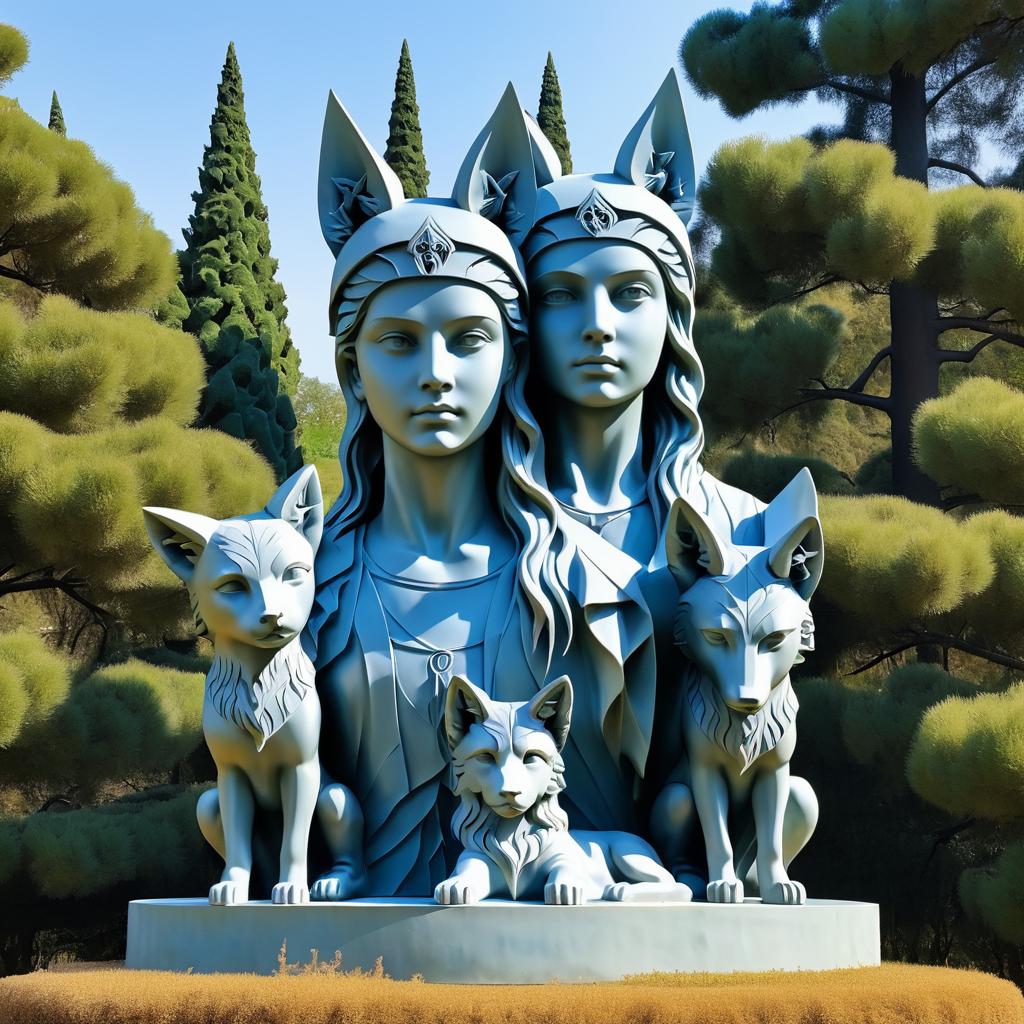 Surrealist Statue of Siblings with Wolf