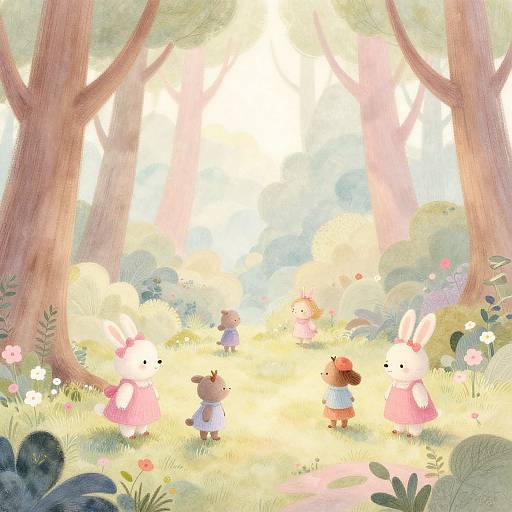 Whimsical forest illustration: pastel-colored bunny and bear children in pink and brown dresses, standing among tall trees, sunlight filtering through, soft flowers