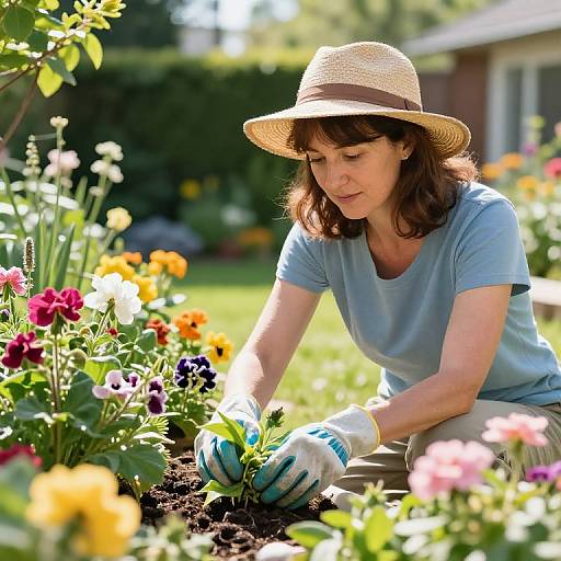 Photograph of a middle-aged woman with brown hair, wearing a straw hat and blue shirt, gardening in a vibrant flower garden.