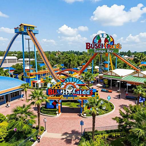 Vibrant photograph of a bustling amusement park with colorful roller coasters, 