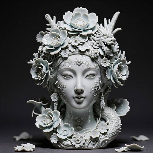 Photorealistic digital art of a serene, white, Buddha-like face adorned with detailed, blooming flowers and snake-like pattern on a dark background.