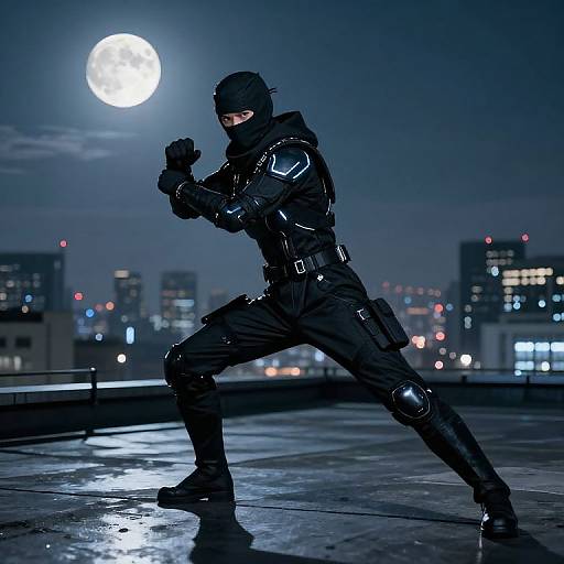Photograph of a masked, black-clad ninja in a dynamic fighting stance on a rooftop at night, under a full moon, with a city skyline