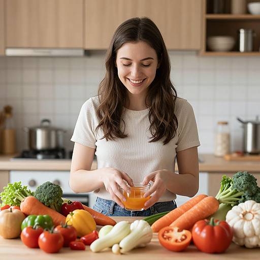 Young Woman with Abundant Food Supplies