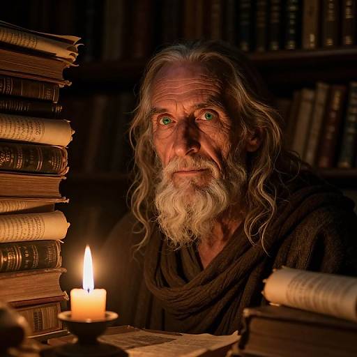 Photograph of an elderly man with long white hair and beard, wearing a dark robe, illuminated by a candle, surrounded by stacked books in a dim