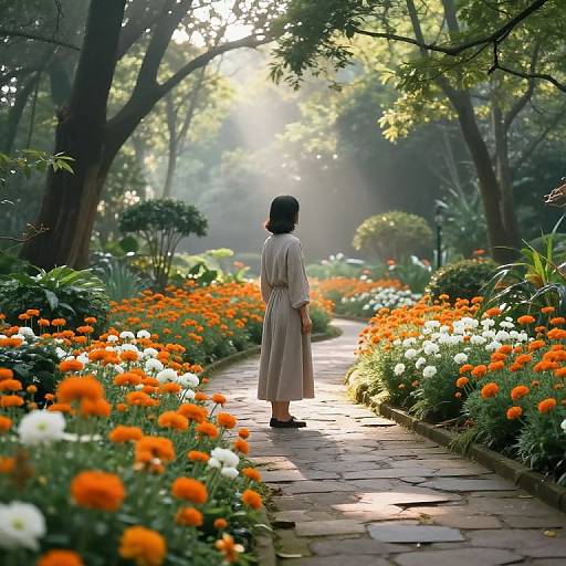 Photograph of a woman with black hair in a white dress, standing on a stone path in a sunlit garden filled with vibrant orange and white mar