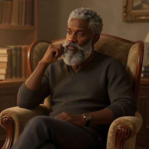 Photograph of an older Black man with gray curly hair and beard, wearing a dark sweater, sitting in a vintage armchair, pensively touching his