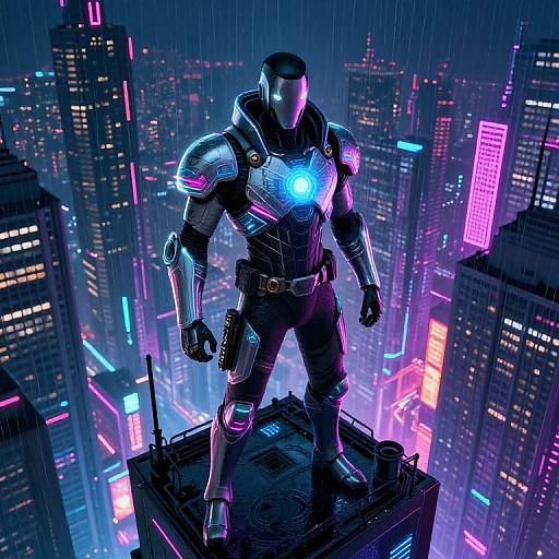 Digital art of a masked, armored superhero with glowing blue chest emblem standing on rooftop in neon-lit, rain-soaked cityscape.