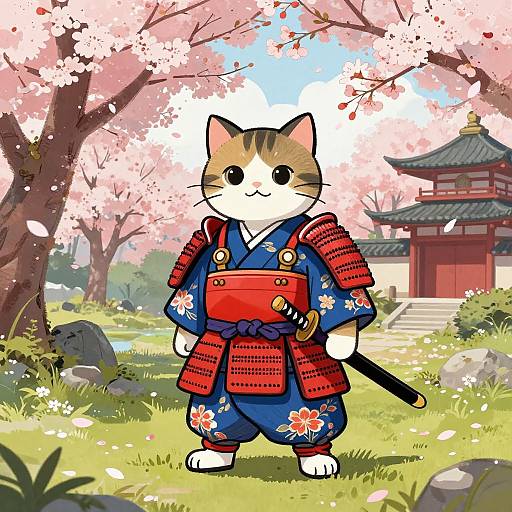Chibi Cat Samurai in Cherry Blossom Garden