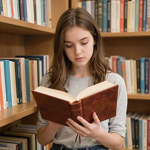 Photograph of a young woman with long brown hair, wearing a light gray sweater, reading a leather-bound book in a wooden library with shelves of colorful