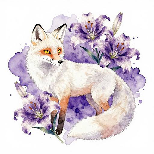 Elegant White Fox Among Lilies