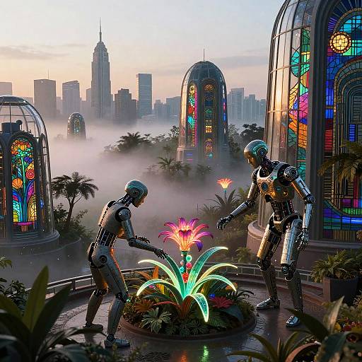 Cybernetic Gardeners in Neon Eco-City