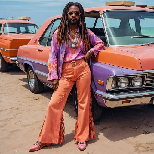 Retro 70s Woman with Dreadlocks by Vintage Car on Beach