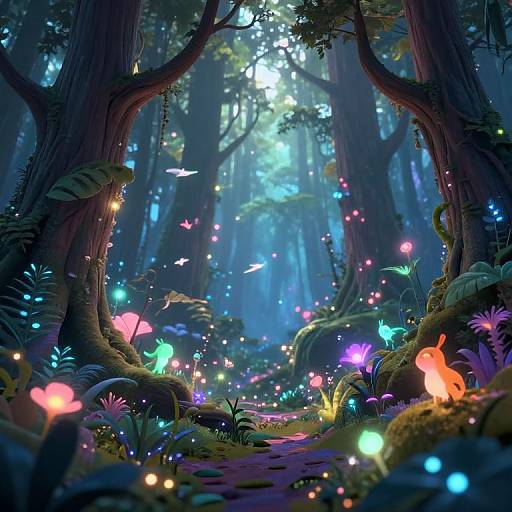Enchanted forest scene: Vibrant glowing mushrooms, luminescent butterflies, and colorful fireflies illuminate a mystical, moonlit woodland path. Digital