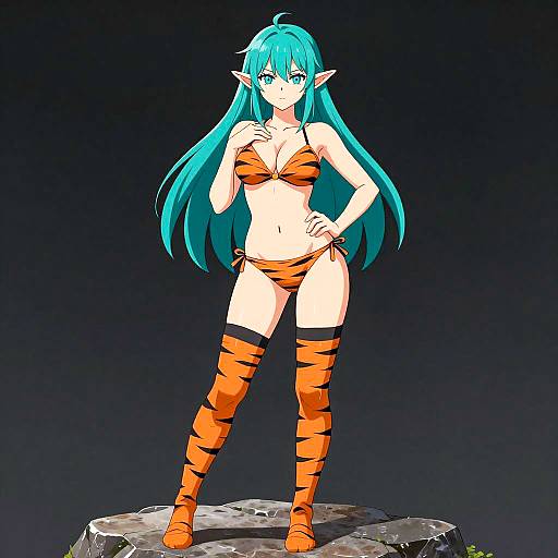 Confident Anime Elf Girl in Stripes