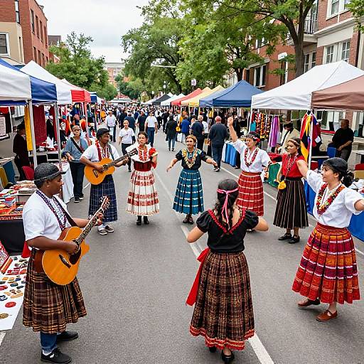 Photograph of a vibrant street festival featuring traditional folk dancers in colorful, patterned skirts and white shirts, performing in front of vendor stalls under trees in