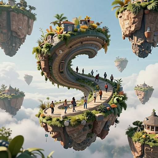 Digital illustration of a whimsical, floating, spiral-shaped cliff city with lush greenery, palm trees, houses, and people walking along the circular path