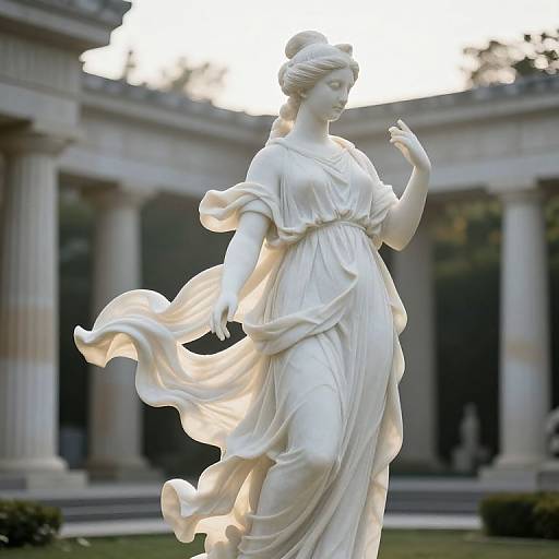 Photograph of a white marble statue of a classical Greek goddess with flowing dress, raised arm, and serene expression, set against a colonnaded background