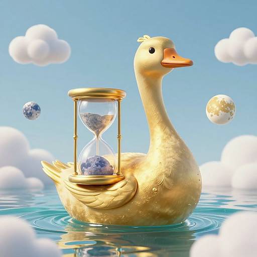 Digital illustration of a golden duck with an hourglass containing a blue planet, floating on water with floating planets and clouds against a bright blue sky.