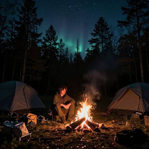 Photograph of a man seated by a campfire between two tents in a dark forest, with Northern Lights glowing in the night sky above.