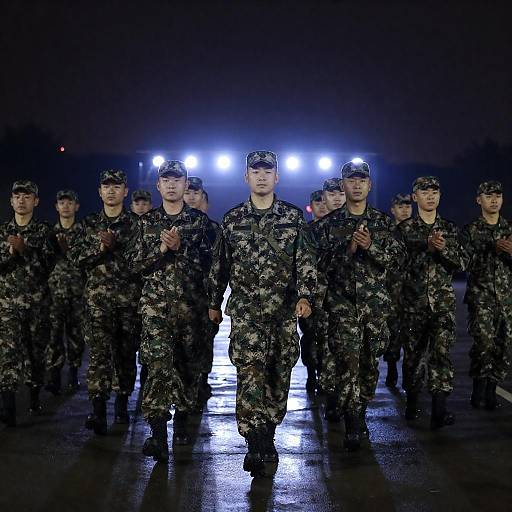 Nighttime Military Parade on Wet Stage