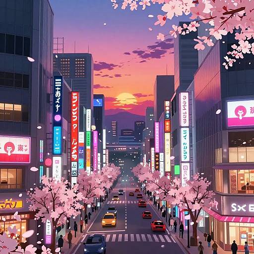 Anime Sunset Cityscape with Neon Lights