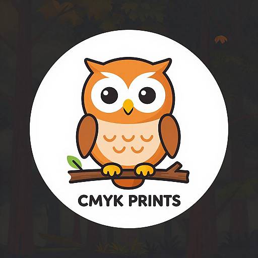 Cartoon owl with large eyes, orange and brown feathers, perched on branch, white circle background, text 