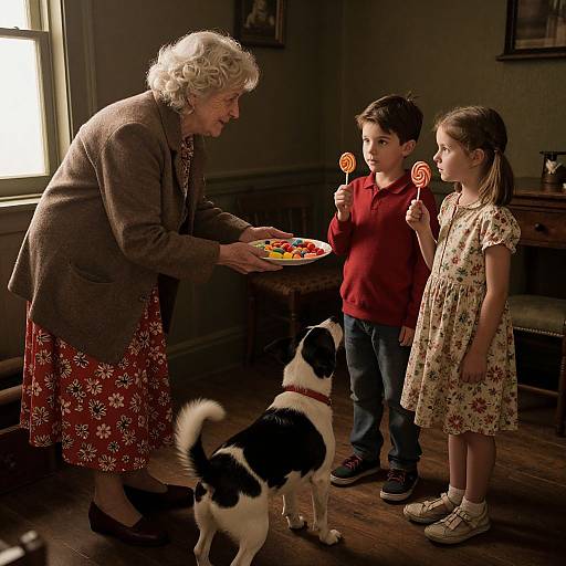 Photograph of an elderly woman with curly white hair, wearing a brown blazer and red floral dress, offering candy to a boy and girl in a